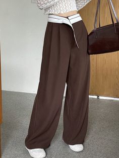 Women Wide Leg Pants With Contrasting Waistband And Pockets Brown Casual   Polyester Colorblock,Plain Wide Leg Non-Stretch All Women Clothing, size features are:Bust: ,Length: ,Sleeve Length: Women Wide Leg Pants, Loose Trousers, Estilo Hip Hop, Pantalon Large, Kids Sleepwear, Pocket Pants, Drawstring Pants, Womens Fall, High Waisted Pants