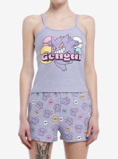 Tuckered out after your last Gym Battle? Throw on this lounge set and head to the Pokémon Center to recharge! This set features a ribbed cami depicting Gengar posing in front of pastel Poké Balls. The shorts have an allover Gengar and Poké Ball print  plus side seam pockets.60% cotton; 40% polyesterWash cold; dry lowSet of 2ImportedListed in junior sizesModel is 5'10''Model wears size Small Kawaii Workout Clothes, Pokémon Clothes, Pokemon Clothing, Gamer Clothes, Pokemon Outfits, Birthday Moodboard, Pokemon Halloween Costume, Girls Lounge, Cutesy Outfit