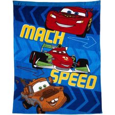 a towel with cars on it that says mach speed