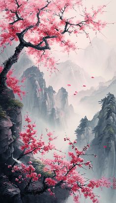 Amid the enigmatic mist of mountain highlands, a Sakura tree splays its branches, adorned with a flourish of pink flowers. This watercolor painting masterfully captures the tree's delicate beauty against the timeless backdrop of craggy peaks, with blossoms that seem to drift through the foggy air like whispers of ancient tales. #Sakura #WaterColour #Moutains #Nature Sakura Painting Watercolour, Sakura Tree Wallpaper, Sakura Tree Painting, Japanese Sakura Tree, Sakura Painting, Cherry Blossom Pictures, Sakura Trees, Japanese Blossom