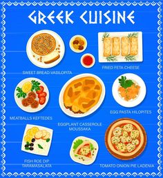 the greek cuisine is shown on a blue background with white trimmings and other food items