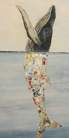 a painting of a whale in the water with many stickers on it's back