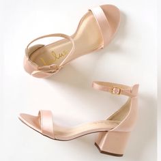 Say Hello To Your New Favorite Shoe ... The Lulus Harper Blush Satin Ankle Strap Heels! Sleek And Shiny Satin Fabric Covers These Chic Single Sole Heels, With A Slender Toe Strap And Peep-Toe Upper. Structured Heel Cup And Adjustable Ankle Strap With A Gold Buckle. 2.5" Wrapped Block Heel. Cushioned Insole. Nonskid Rubber Sole. All Vegan Friendly, Man Made Materials. Imported. Style 814422 Nib - Never Worn Kasut Wanita, Homecoming Shoes, Single Sole Heels, Heels Classy, Wedding Shoes Heels, Fancy Shoes, Cute Heels, Girly Shoes, Wedding Sandals