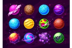 a bunch of different colored balls on a purple background with space in the back ground