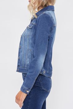 Keep it cool & keep it casual in our Women's Classic Fit Denim Jacket. Designed to fall just above the waist and showcase subtle distressed detailing for that edgy feel. Featuring buttoned flap pockets on front, functional side pockets, 6 button front closure, a classic collar, and button-cuff long sleeves. Due to the nature of the novelty wash process and hand-crafted design, each garmet will have a unique appearance. Measurement (Based on size M) - Sleeve Length (From shoulder seam): 22” - Len Ymi Jeans, Fitted Denim Jacket, Keep It Cool, Midnight Sky, Indigo Blue, Flap Pocket, Design Crafts, Fashion Casual, Gray Color