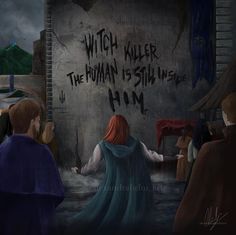 some people are standing in front of a wall with writing on it that says witch killer the human is shown here him