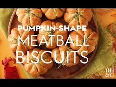 pumpkin shaped meatball biscuits on a plate with the words pumpkin shape meatball biscuits