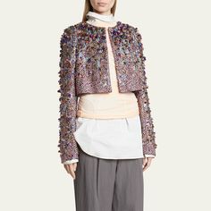 Dries Van Noten "Bea" short jacket in an allover sequin embellished finish with rhinestones throughout  Round collar  Open front  Long sleeves Hip length  Relaxed fit  Polyester/nylon/polyamide/silk Imported Designer Silk Outerwear For Party, Designer Silk Party Outerwear, Designer Embellished Outerwear For Party, Designer Embellished Party Outerwear, Spring Glamorous Embellished Blazer, Designer Sequin Party Blazer, Designer Fitted Embellished Outerwear, Designer Sequined Party Blazer, Embellished Silk Outerwear