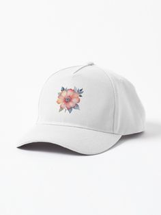 a white baseball cap with an embroidered flower on the front and back side, against a white background