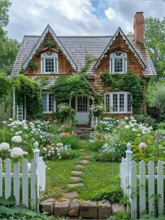 a house that is surrounded by flowers and greenery