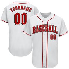 a white baseball jersey with the number 00 on it and red lettering that reads, your name