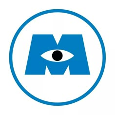 the m logo with an eye in it's center is blue and has black letters