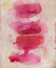 an abstract painting with pink and red colors on white paper, including two large circles