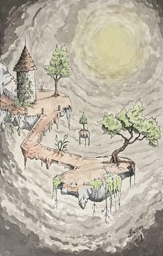 an artistic drawing of a landscape with trees and animals