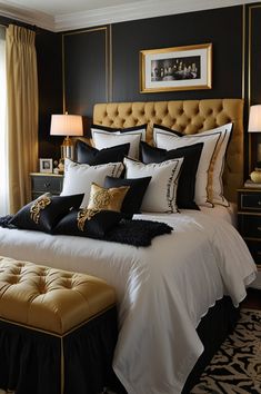 a bedroom with black and white bedding and gold accents