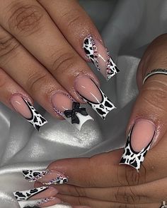 Had to post the photos too🖤🐮🎀 #houston#houstonnailtech #cows #cowprint #frenchies #nails #nailsnailsnails #nailart #naildesign #nailinspo #prettygirls #prettynails Cowgirl Nail Ideas, Cow Nails Designs, Short Cow Print Nails, Cow Nails Acrylic, Cowprint Nail Design, Cow Print Nail Designs, Frenchies Nails, Uni Nails