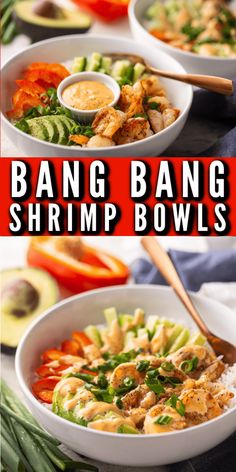 two bowls filled with different types of food and the words bang bang shrimp bowls above them