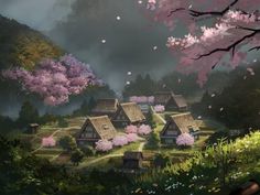 a painting of a village in the woods with cherry blossoms on trees and flowers around it