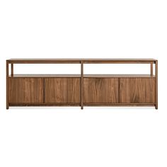 the sideboard is made out of wood and has two open shelves on one side