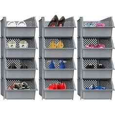 six shelves with shoes and purses on them, each holding several pairs of shoes