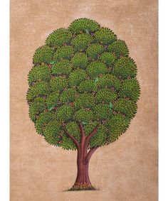 a painting of a tree with green leaves and pink berries on it's trunk