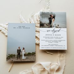 an image of a couple on their wedding day with the save the date card next to them