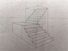 a drawing of a staircase with red lines on the bottom and bottom, in perspective