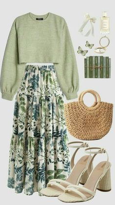 #summer #spring #fashion #aesthetic #green #bag #books #floral Everyday Fashion Outfits, Mode Casual, Church Outfits, Outfits Fall, Trendy Fall