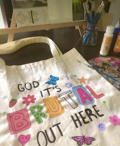 a tote bag sitting on top of a table