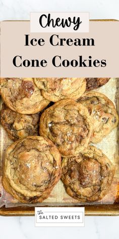 chewy ice cream cookie cookies on a baking sheet with text overlay that reads, cheesy ice cream cone cookies