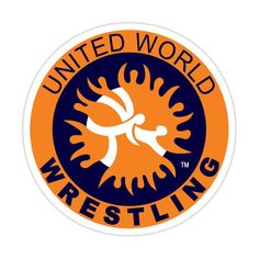 an orange and blue sticker with the words united world wrestling