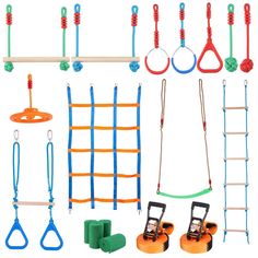 several different types of toys are shown in this image, including ladders and balls