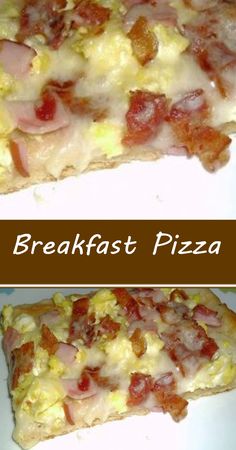 two different types of breakfast pizza on white plates with text overlay that says breakfast pizza