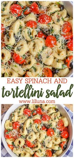 pasta with tomatoes and spinach in a white bowl