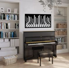 a living room with a piano, bookshelf and chandelier in it