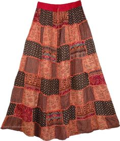 Brown Patchwork Tiered Skirt, Hippie Patchwork Maxi Skirt, Bohemian Red Skirt With Patchwork, Bohemian Brown Cotton Skirt, Bohemian Tiered Skirt With Floral Patchwork, Bohemian Brown Patchwork Skirt, Hippie Cotton Patchwork Maxi Skirt, Cotton Patchwork Maxi Skirt, Flowy Patchwork Cotton Skirt