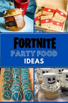 a collage of pictures with different foods and desserts in blue, black and white colors