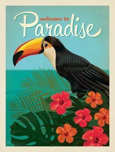 a poster with a toucan sitting on top of flowers and the words welcome to paradise