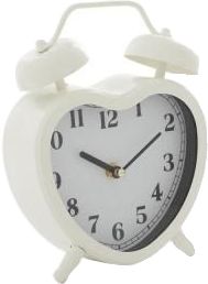 a white alarm clock with black hands on a white background