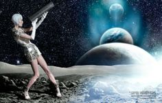 an image of a woman on the moon with a telescope in her hand and planets in the background