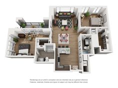 the floor plan for a two bedroom apartment with an attached kitchen, living room and dining area