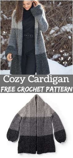 a woman wearing a gray and black cardigan in the snow with text overlay that reads cozy cardigan photos + link free crochet pattern