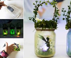 four different pictures with plants in mason jars and one has a fairy figure on it