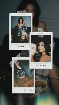 three polaroid photos of women sitting at a table with food and drinks in front of them