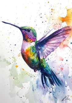 a painting of a hummingbird flying in the air with colorful paint splatters around it