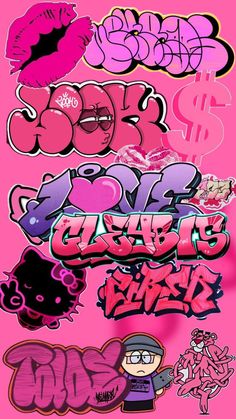 some graffiti art on a pink background with the word love and money written in different languages