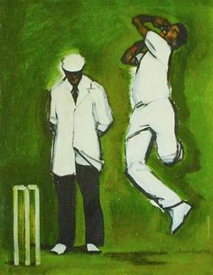 a painting of two men playing cricket on a green field with one man jumping up to catch the ball