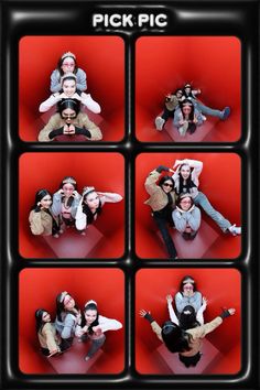 a group of people sitting on top of each other in front of a red background