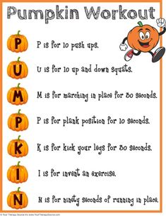 the pumpkin workout worksheet for kids to practice their letter formation and spelling skills