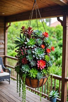 a hanging planter filled with succulents on a porch